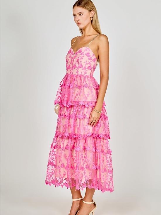 Endless Rose Dresses & Skirts - Endless Rose Pink Floral Tiered Lace Midi Dress with Spaghetti Straps
